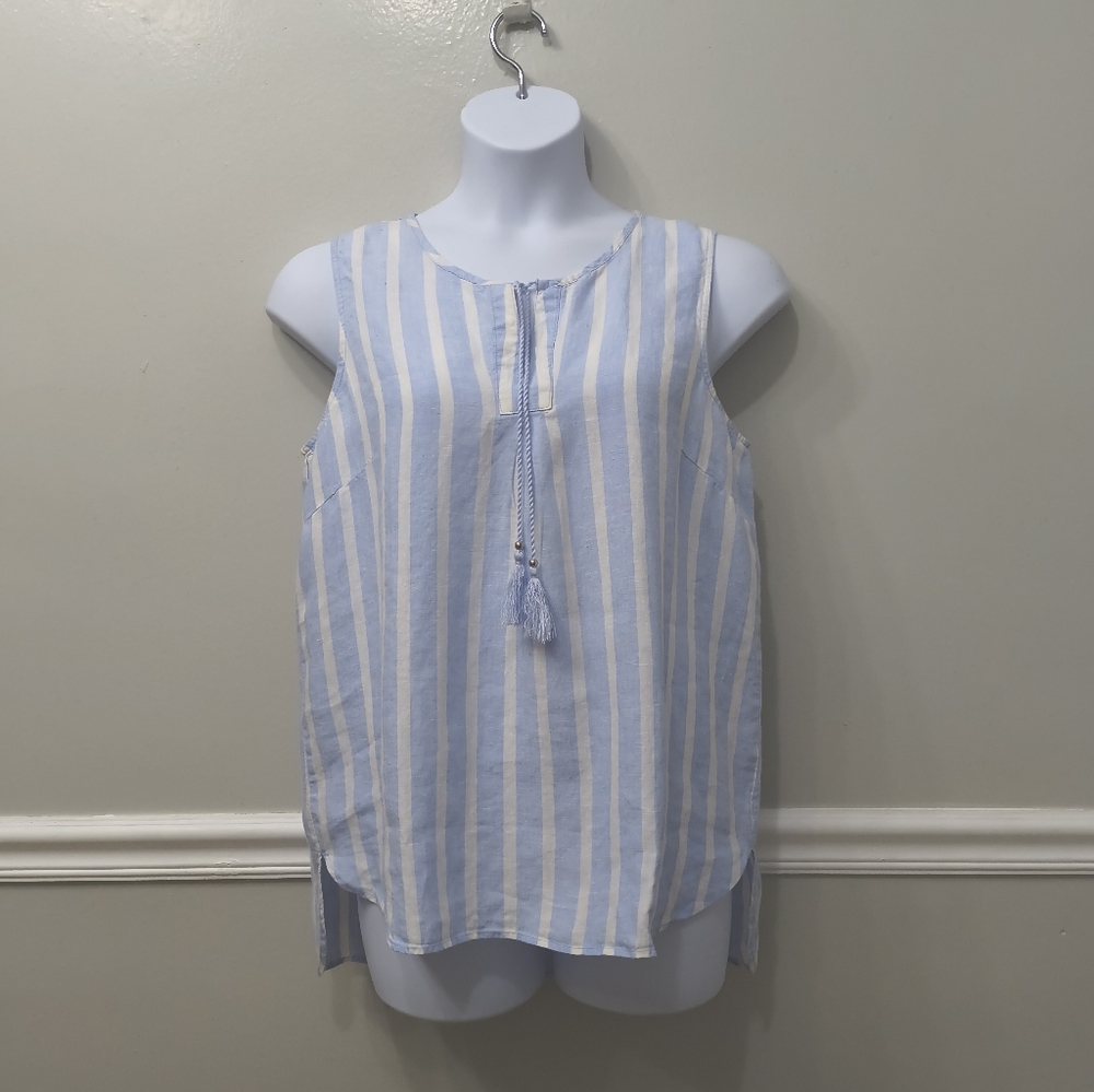 Ellen Tracy Hi-Lo Lt. Blue White Striped Linen Sleeveless Tank Top L Beachy